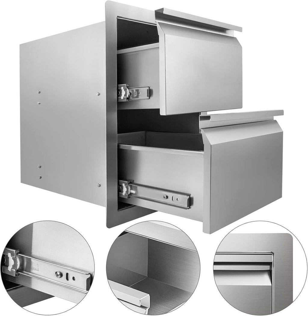 Stainless Steel Double Access BBQ Drawers Box Frame Style Flush Mount Outdoor Kitchen Storage Double Drawers R527141