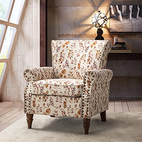 Blue Floral Pattern Upholstered Accent Chair with Wood Legs O211