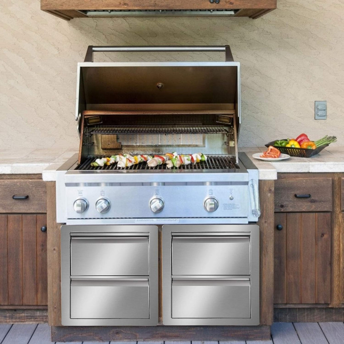 Stainless Steel Double Access BBQ Drawers Box Frame Style Flush Mount Outdoor Kitchen Storage Double Drawers R527141