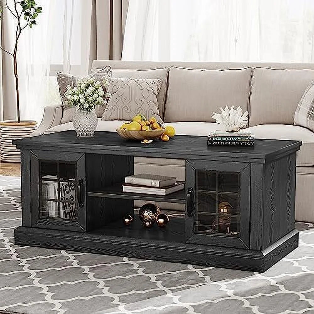 Farmhouse Coffee Table with Glass Door 47" Rustic 2 Shelves Black H468131