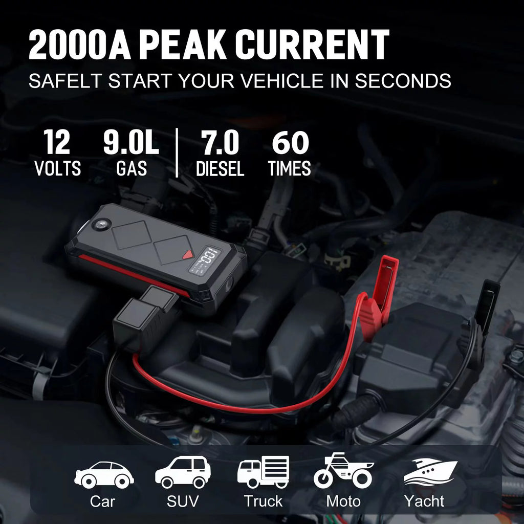 2000A 12V Portable Battery Jump Starter Box with LED Screen M7722