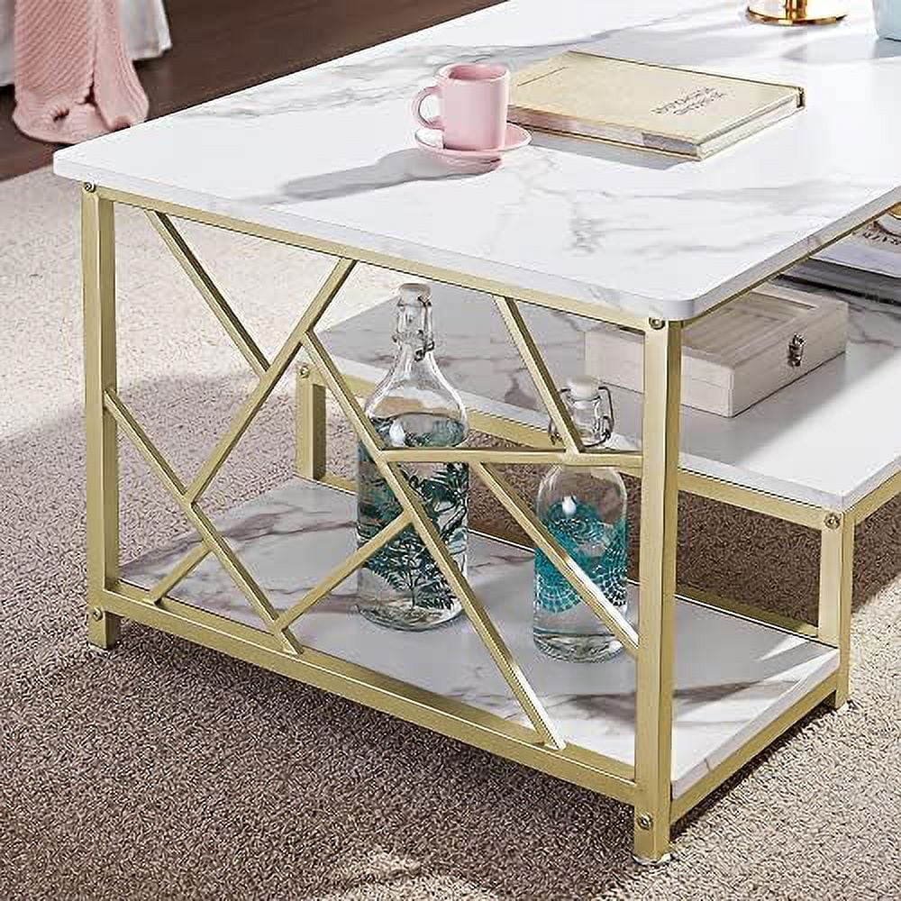 Marble Gold Mid Century Modern Rectangle Coffee Table with Shelf Q525