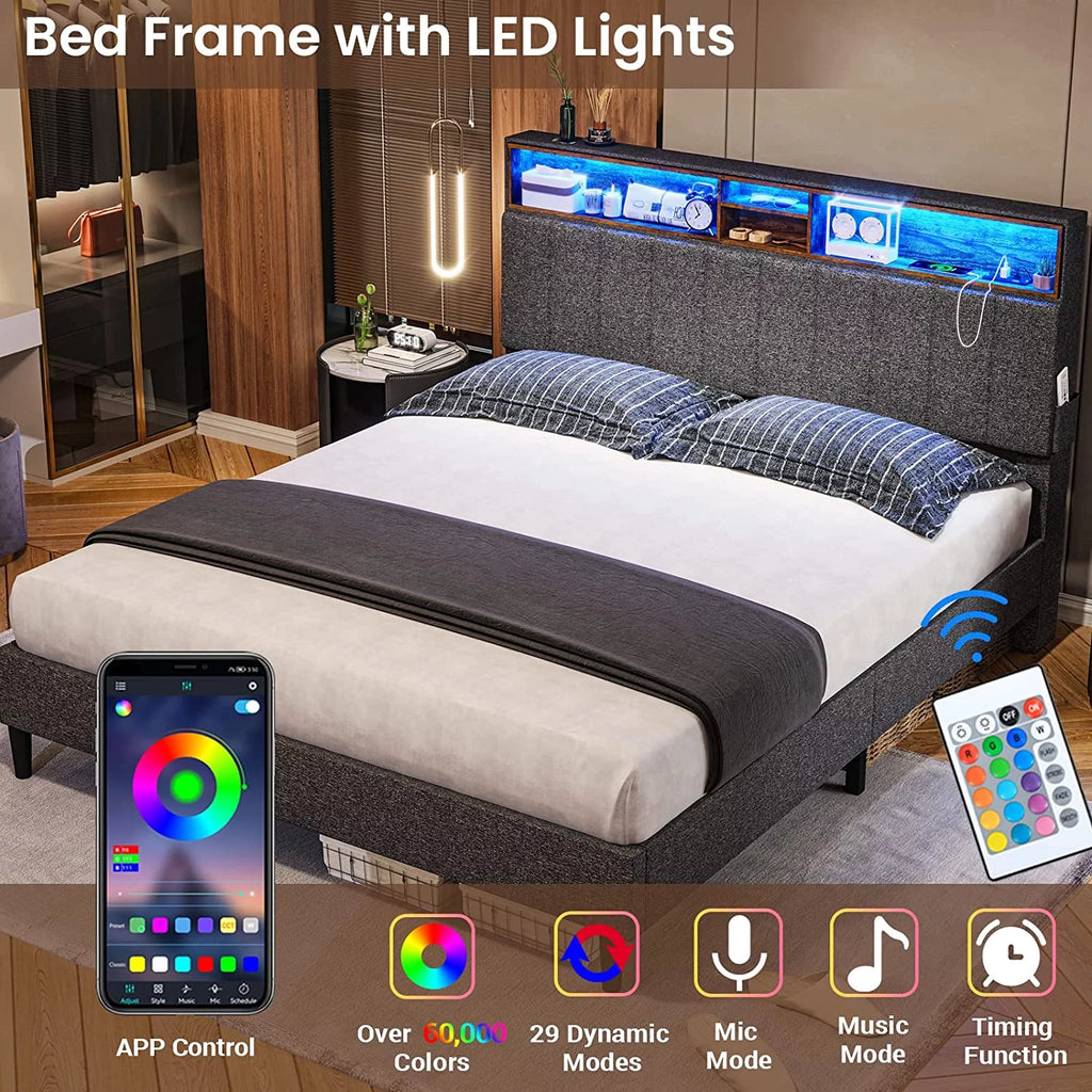 Queen Platform Bed Frame with LED Lights Headboard & USB Ports, Dark Grey V981