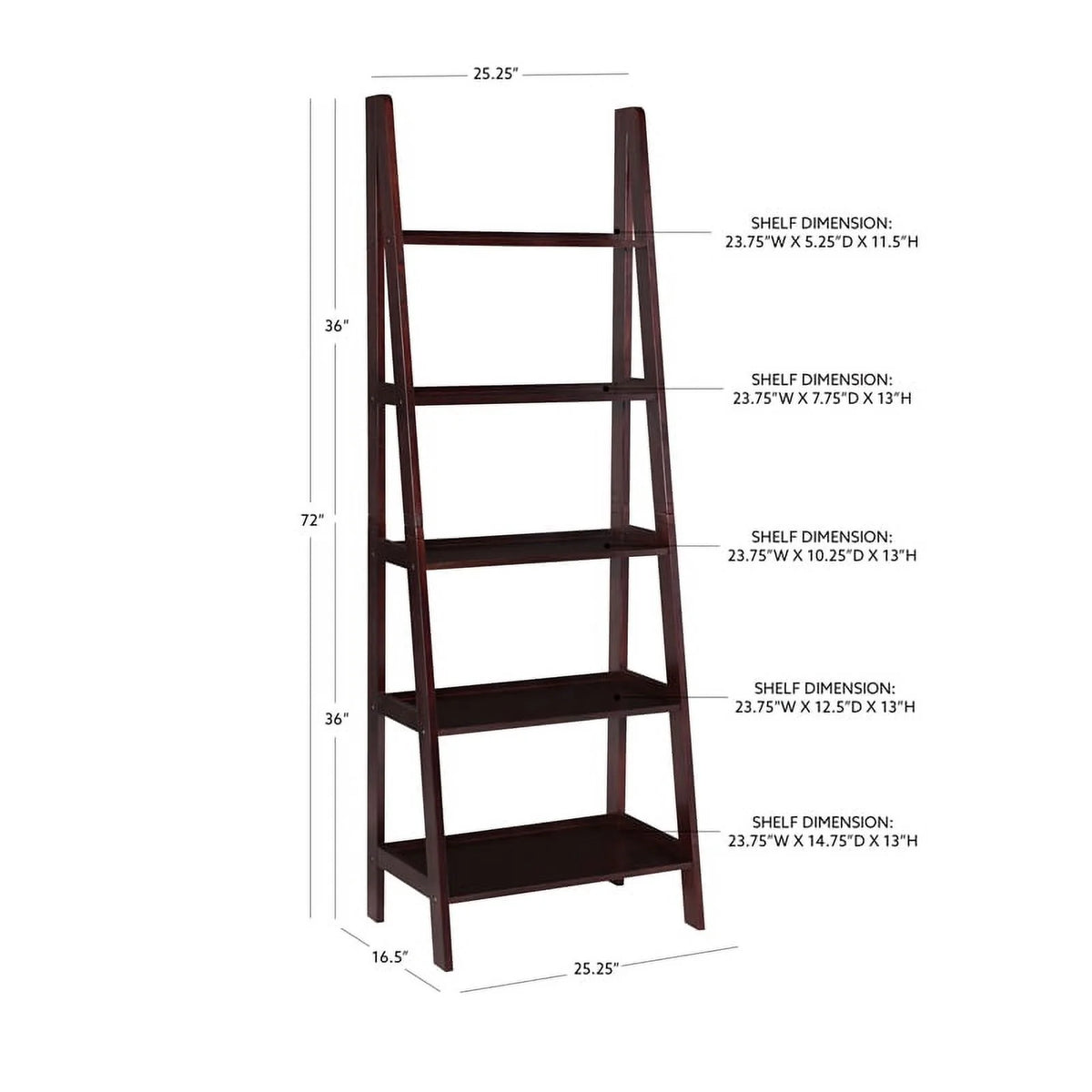 5-Shelf Wood Ladder Bookshelf in Espresso R4030
