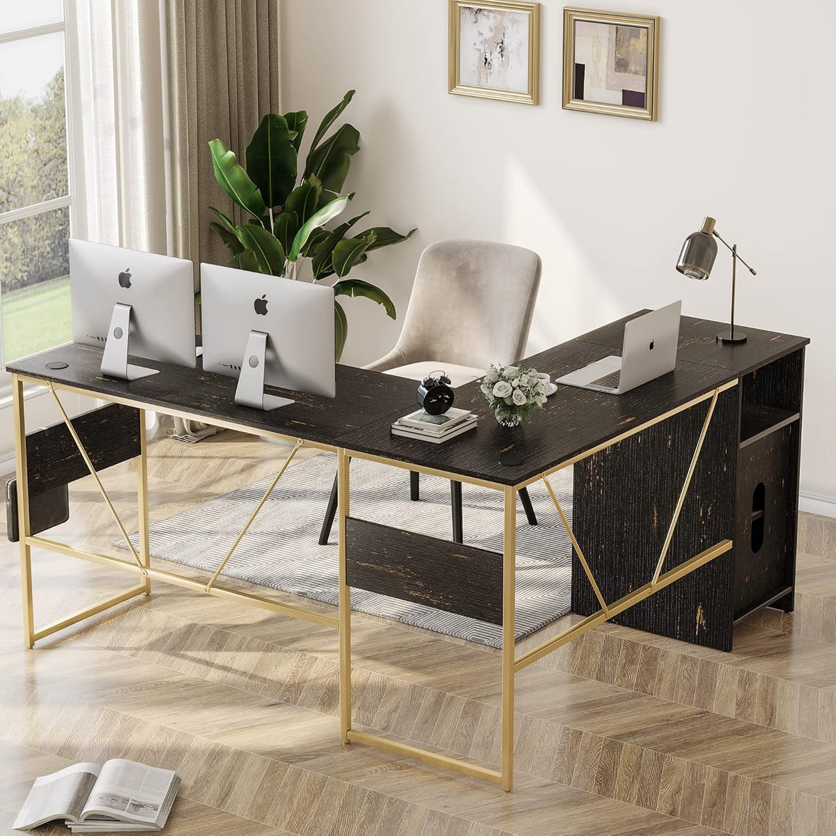L Shaped Desk with Storage Cabinet 60 Inch White Wash I9921