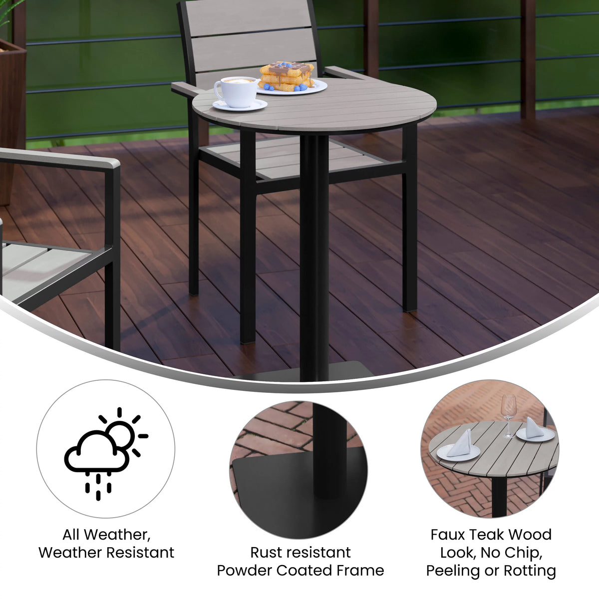 Round 24" Faux Teak Poly Slats Steel Frame Table T41230