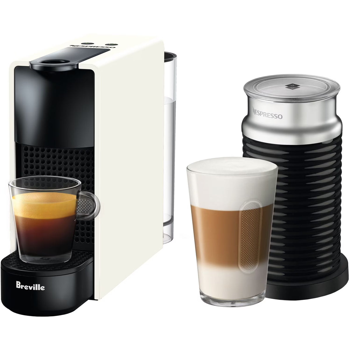 Nespresso Essenza Mini Single-Serve Machine in Pure White and Aeroccino Milk Frother in Black Q67758