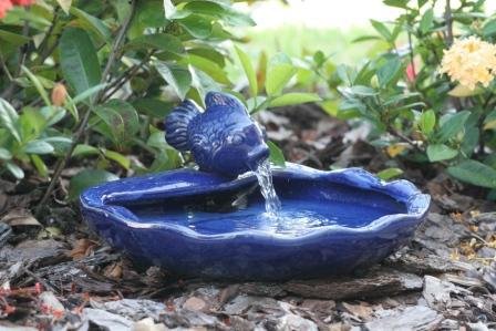 Ceramic Solar Koi Fountain, Blue Glazed Finish M3411