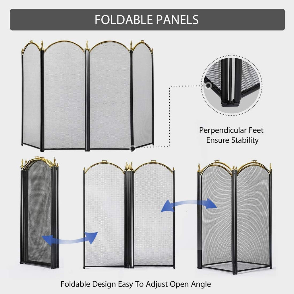 4 Panel 51.5 x 32 Inch Wrought Iron Black Fireplace Screen Mesh V90448
