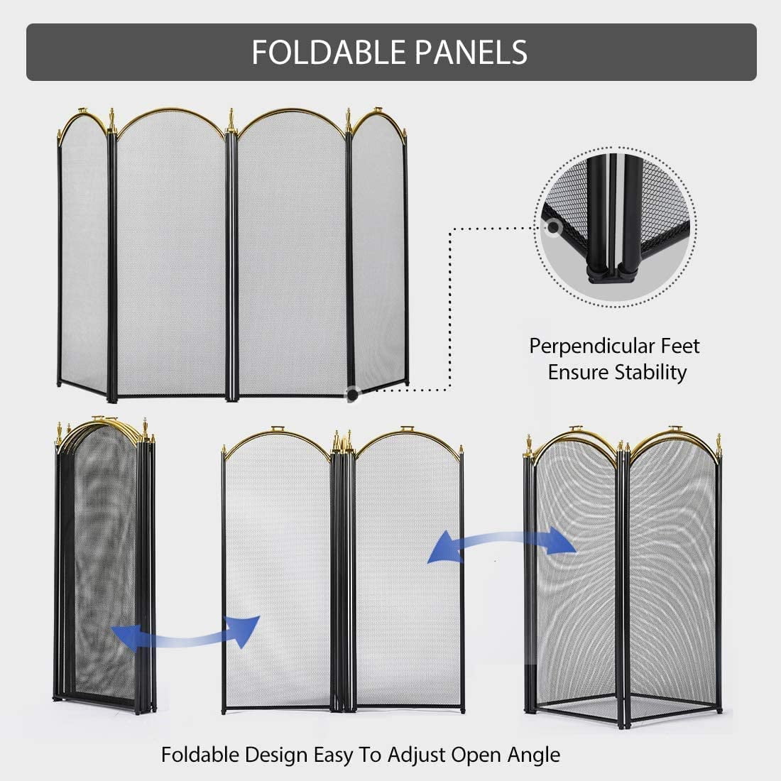 4 Panel 51.5 x 32 Inch Wrought Iron Black Fireplace Screen Mesh V90448