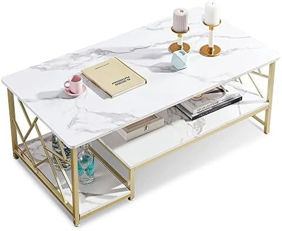 Marble Gold Mid Century Modern Rectangle Coffee Table with Shelf Q525