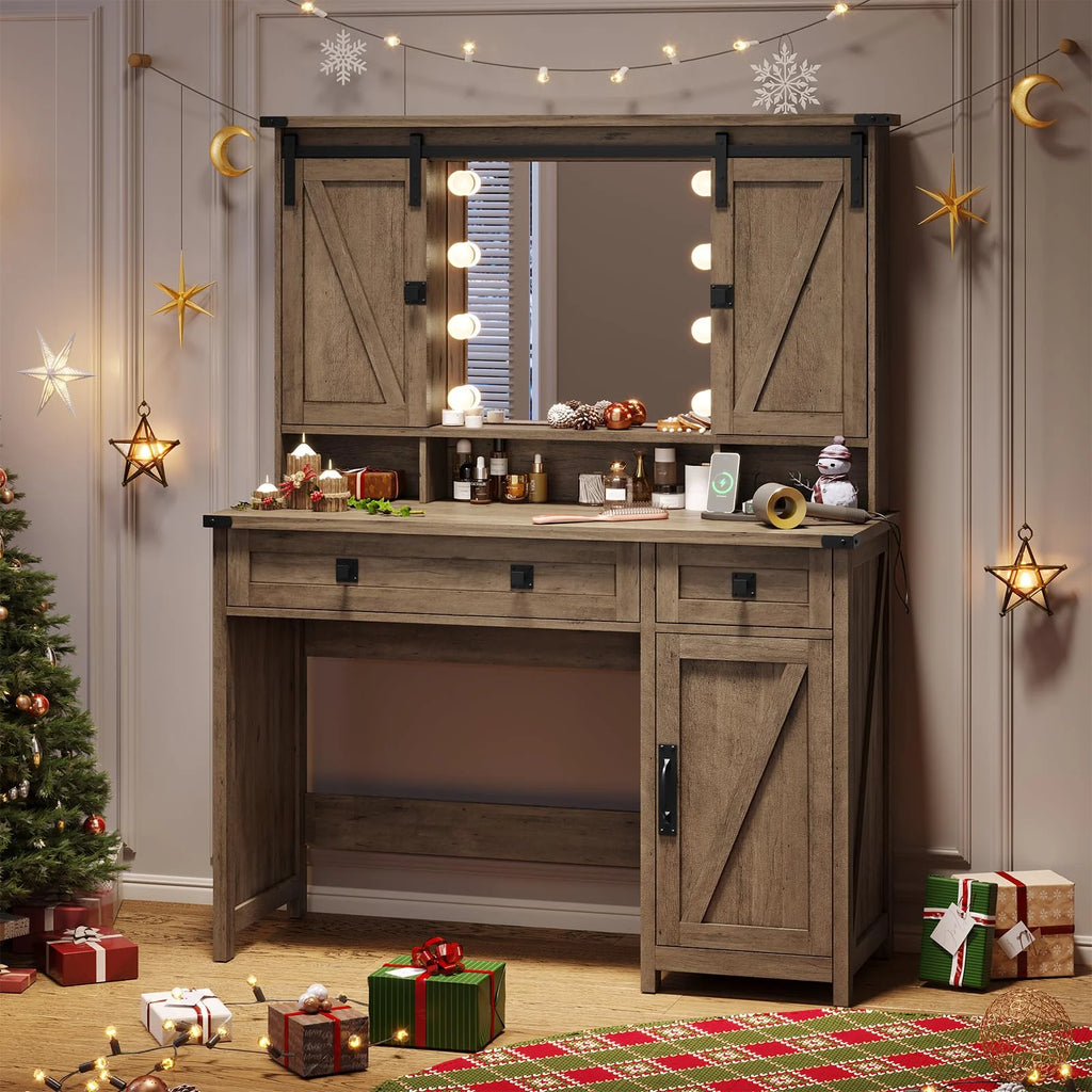 Brown Vanity Table with Charging Station and Lights Mirror V975
