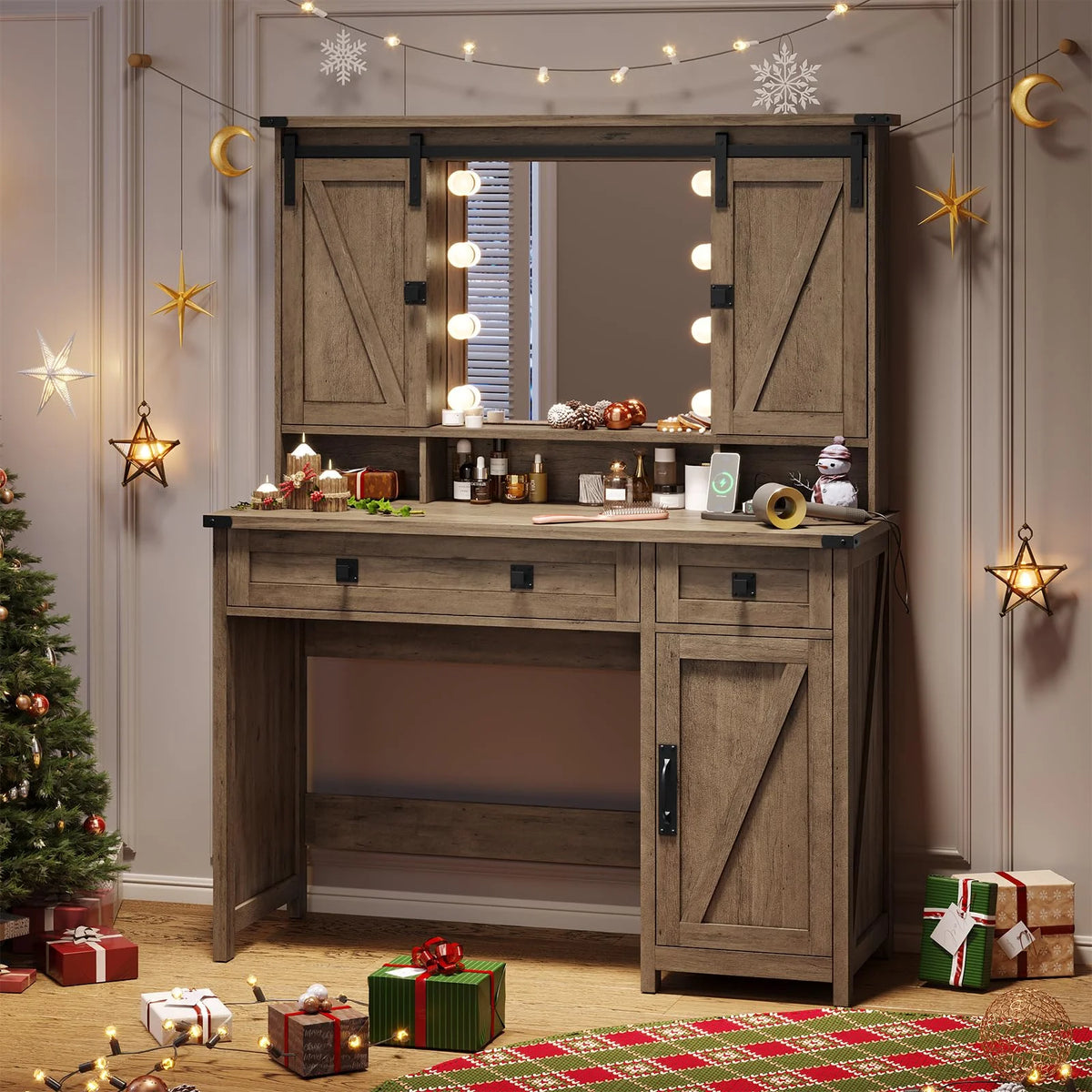 Brown Vanity Table with Charging Station and Lights Mirror V975