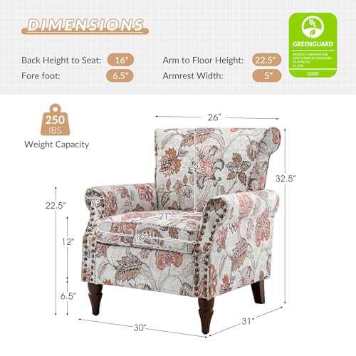 Blue Floral Pattern Upholstered Accent Chair with Wood Legs O211