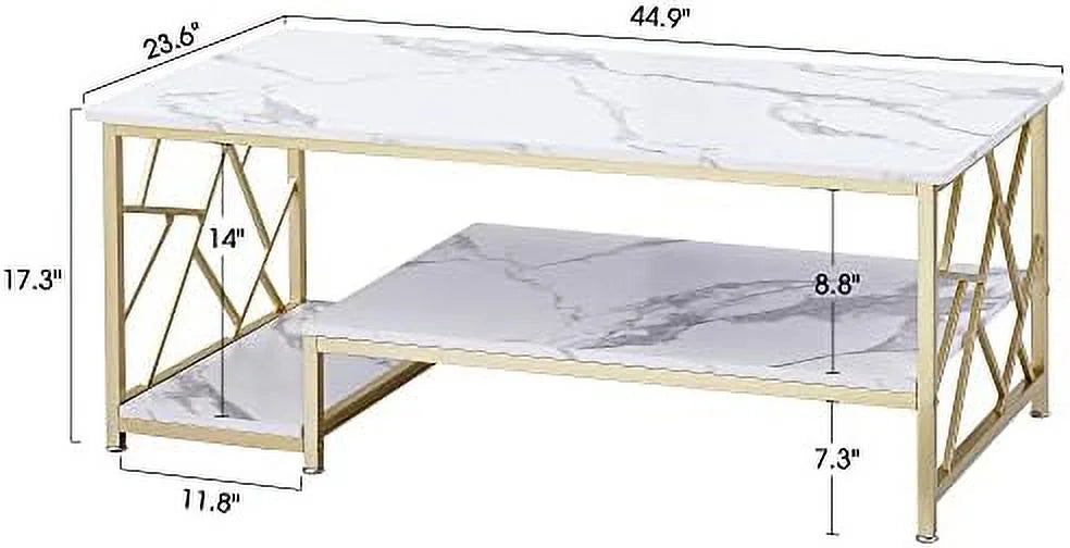 Marble Gold Mid Century Modern Rectangle Coffee Table with Shelf Q525