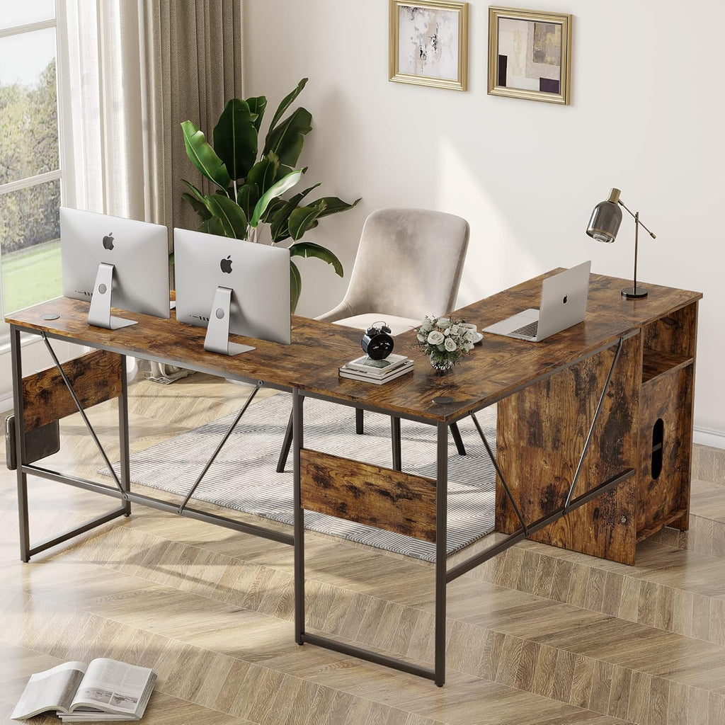 L Shaped Desk with Storage Cabinet 60 Inch White Wash I9921