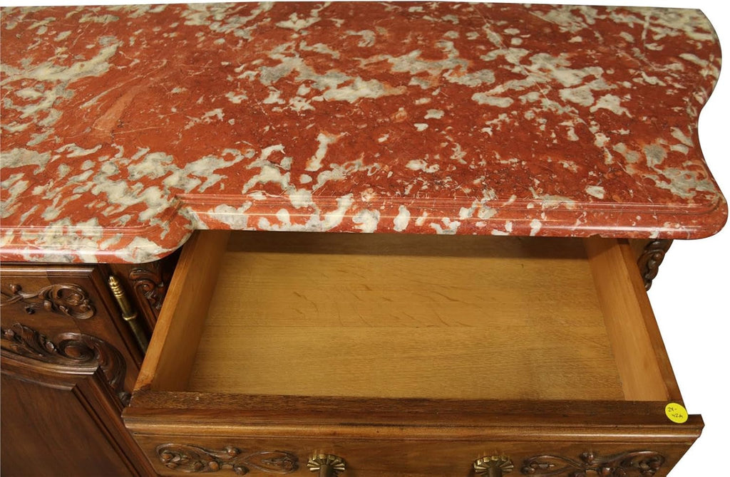 Red Pink Marble Top Carved Walnut Sideboard S593