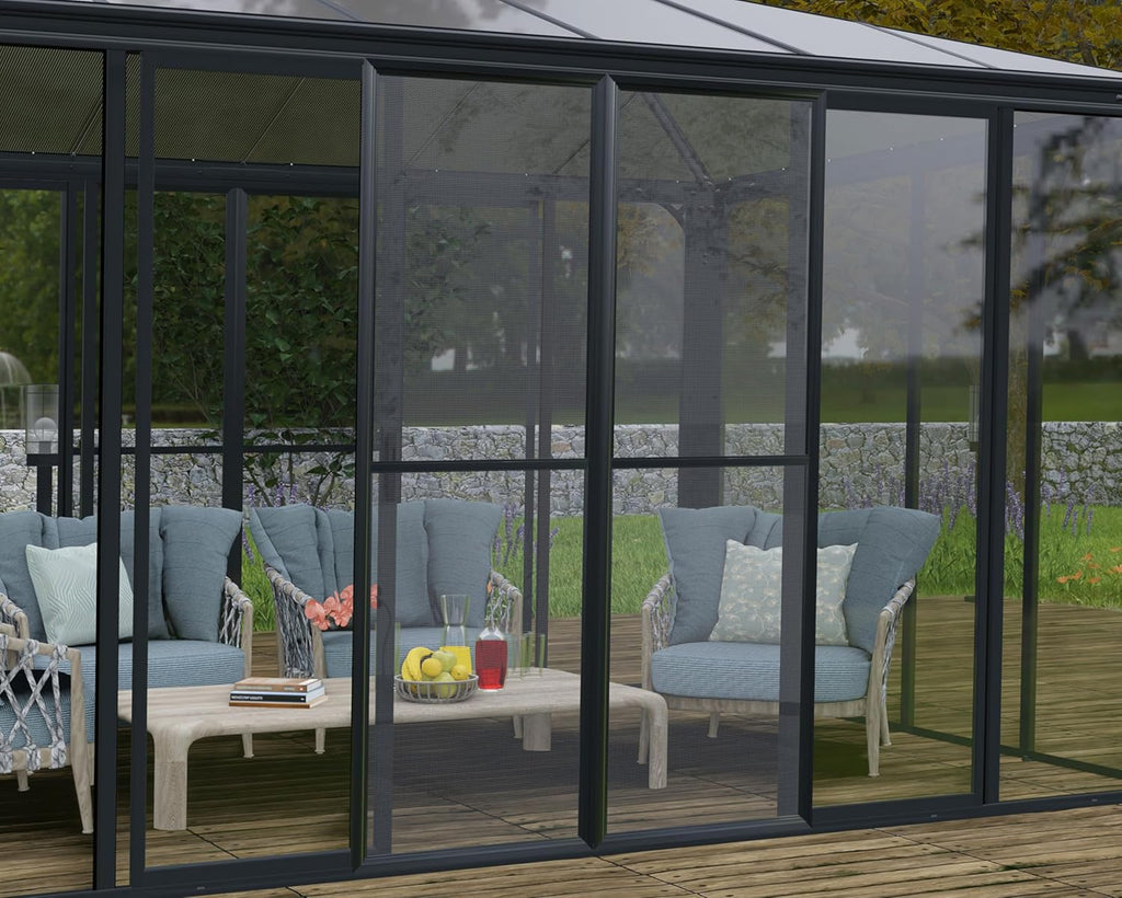 Gray 13x14 Enclosed Patio Cover with Screen Doors DIY Sunroom Kit Lean to Gazebo with Walls UV Protected Polycarbonate Shelter F13493