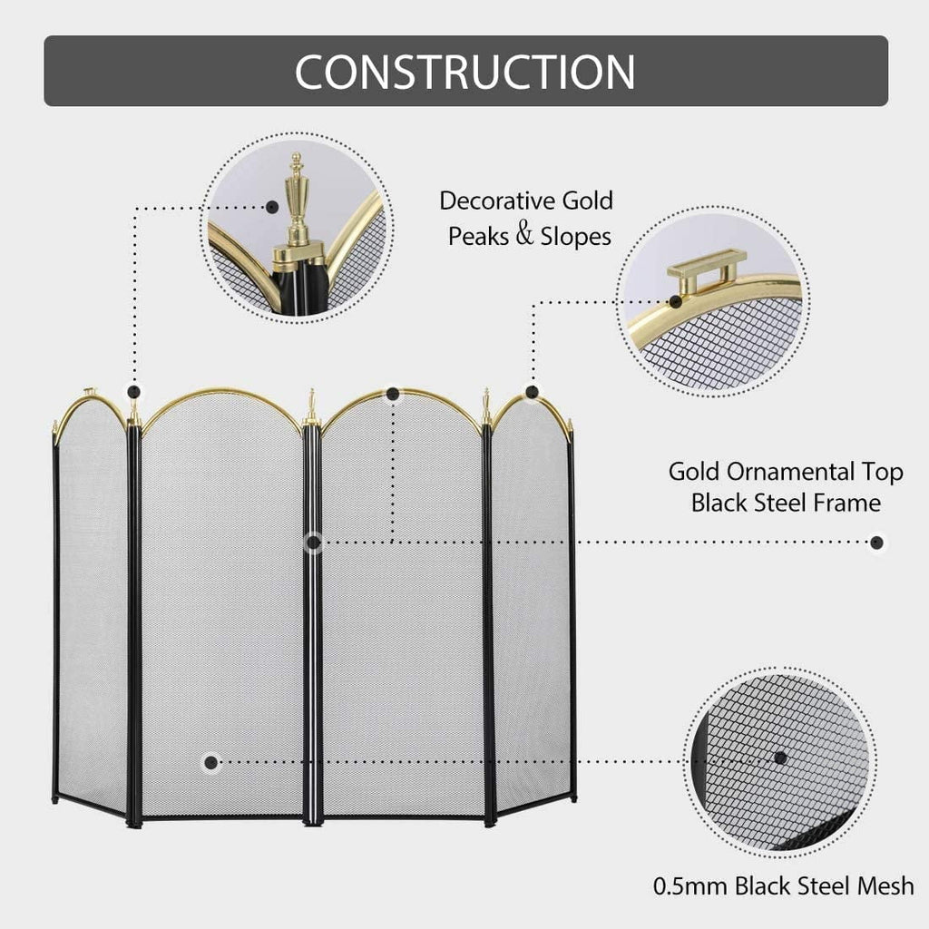4 Panel 51.5 x 32 Inch Wrought Iron Black Fireplace Screen Mesh V90448