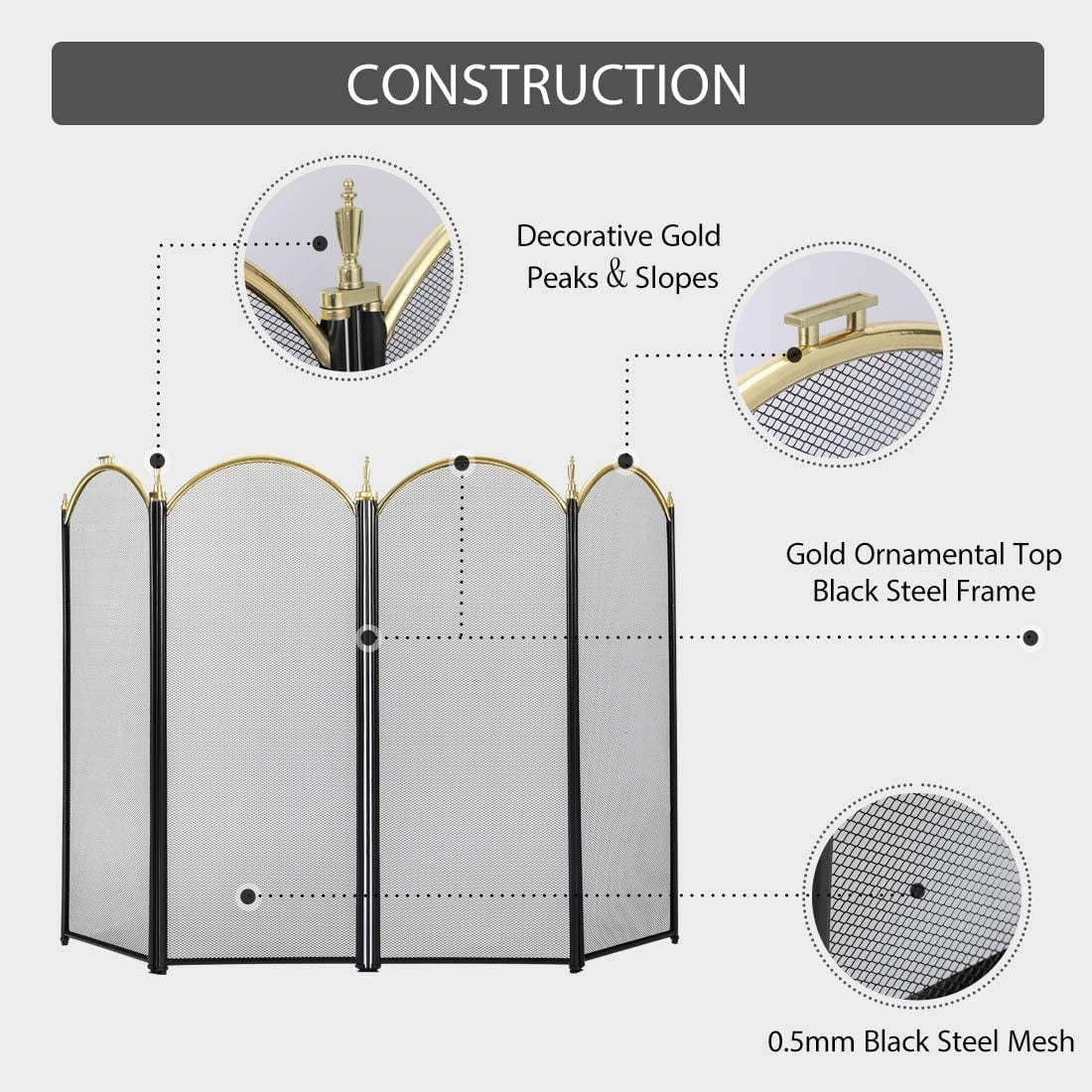 4 Panel 51.5 x 32 Inch Wrought Iron Black Fireplace Screen Mesh V90448
