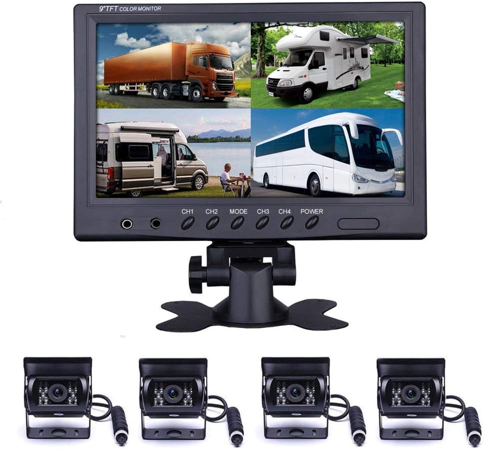 Hard Wired Backup Camera 9'' Quad Split Screen HD Monitor System Pack of 2 R237