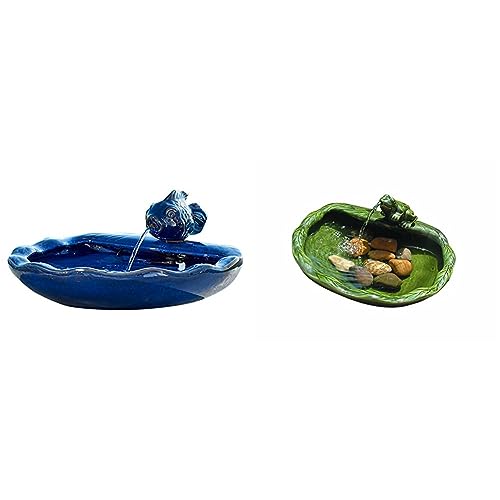 Ceramic Solar Koi Fountain, Blue Glazed Finish M3411