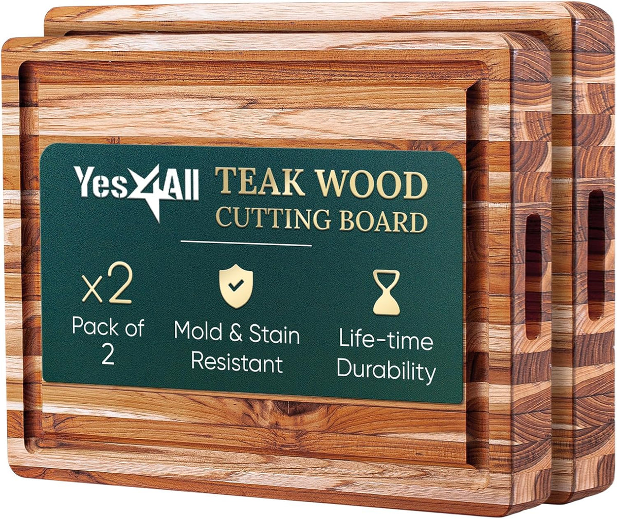 Set of 2 Teak Wood Cutting Board with Juice Groove and Handles - 17 inches + 20 inches X1110