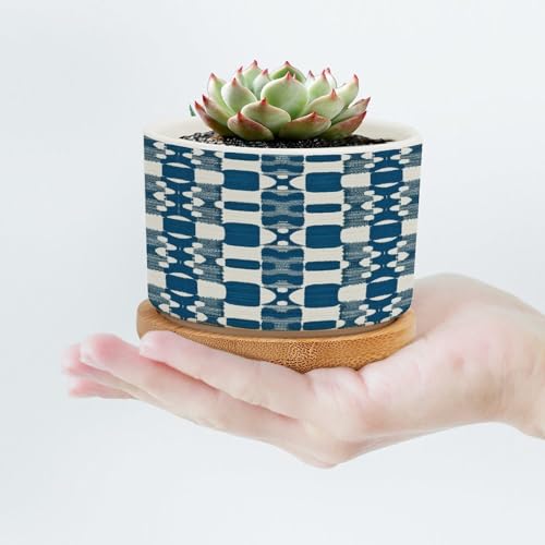 Blue and White Ceramic Planters with Drainage Holes and Saucers R150744