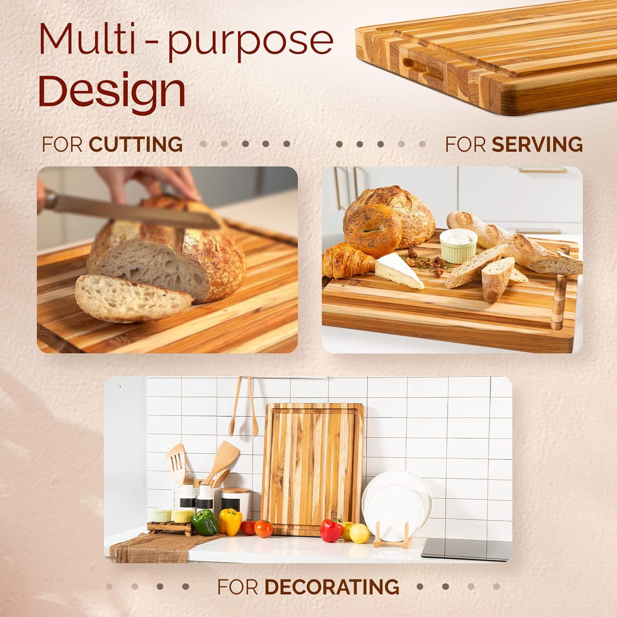 Set of 2 Teak Wood Cutting Board with Juice Groove and Handles - 17 inches + 20 inches X1110
