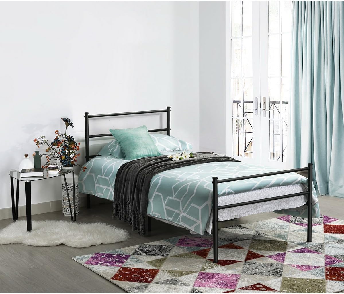 Black Metal Platform Bed Frame with Headboard and Footboard Twin Size C3805