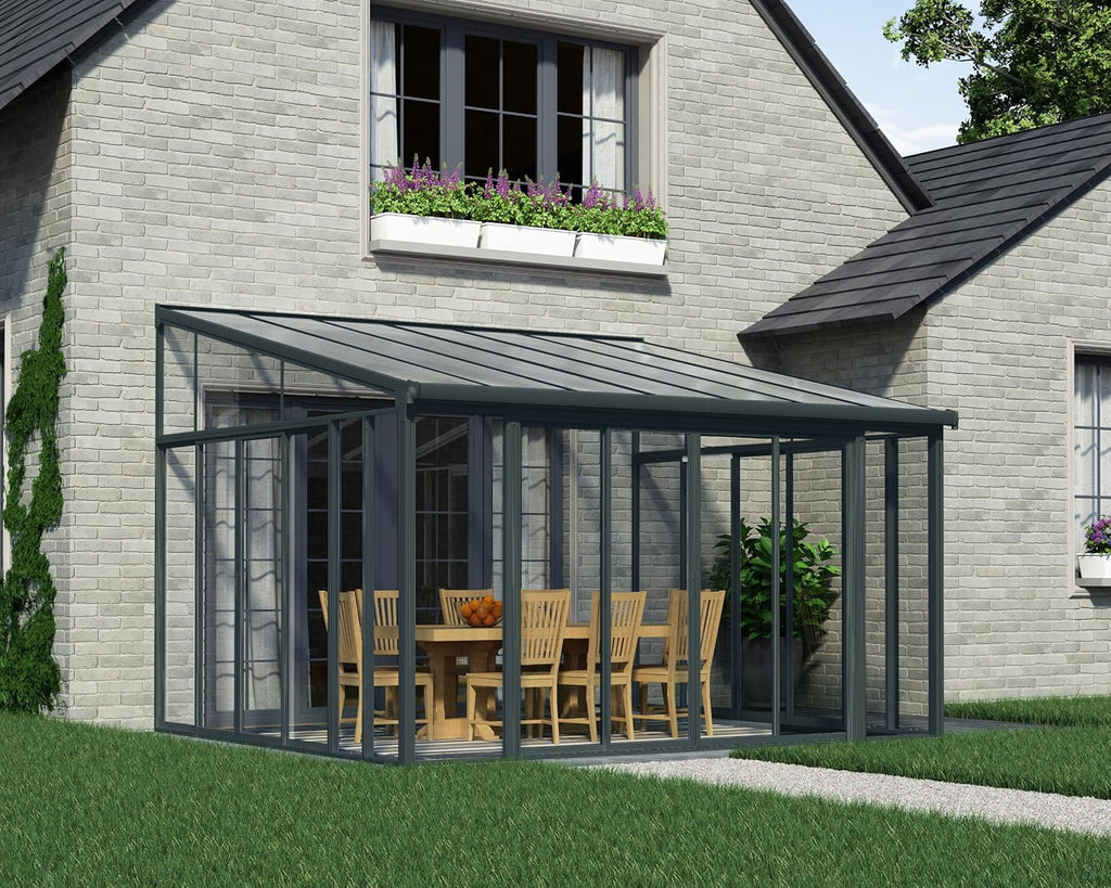 Gray 13x14 Enclosed Patio Cover with Screen Doors DIY Sunroom Kit Lean to Gazebo with Walls UV Protected Polycarbonate Shelter F13493