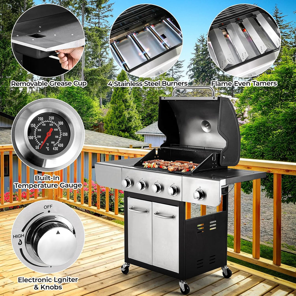 4-Burner Stainless Steel Propane Gas Grill with Side Burner Z163264