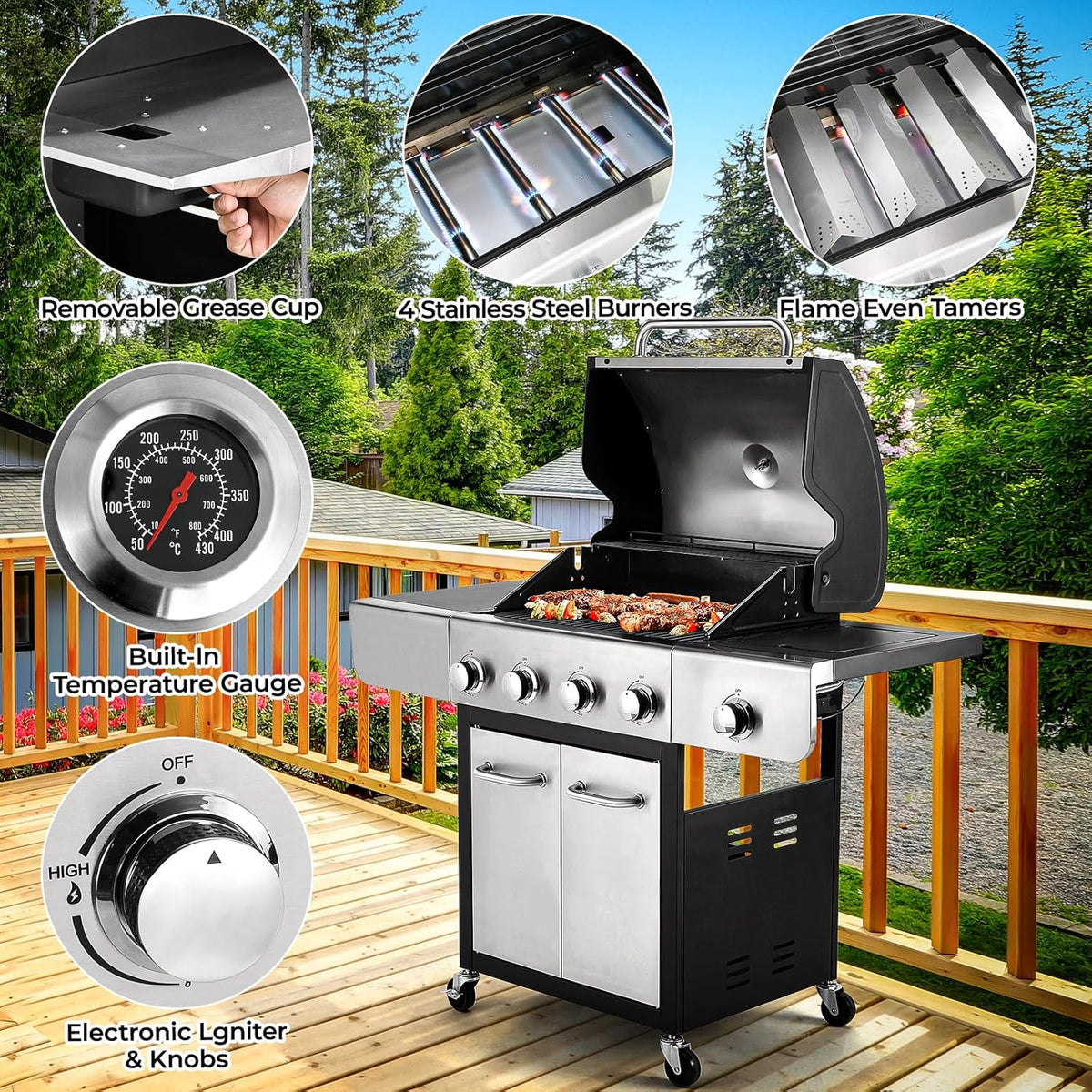 4-Burner Stainless Steel Propane Gas Grill with Side Burner Z163264