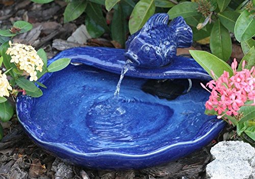 Ceramic Solar Koi Fountain, Blue Glazed Finish M3411