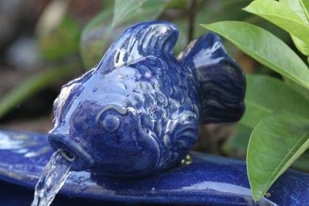 Ceramic Solar Koi Fountain, Blue Glazed Finish M3411
