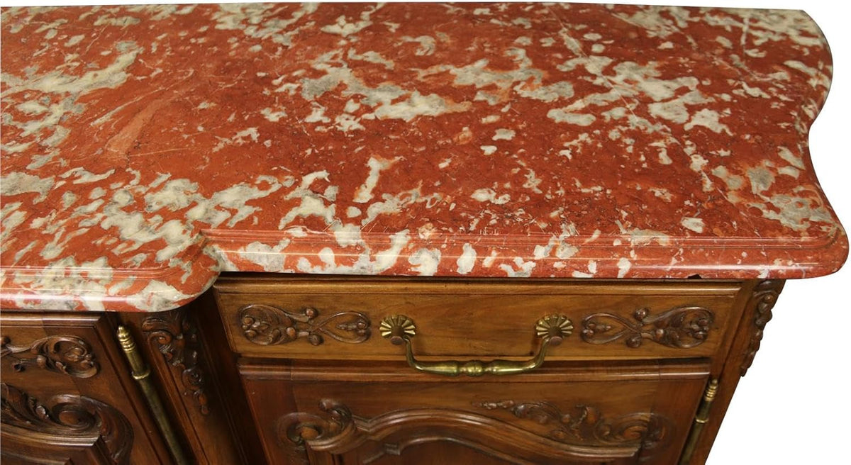 Red Pink Marble Top Carved Walnut Sideboard S593
