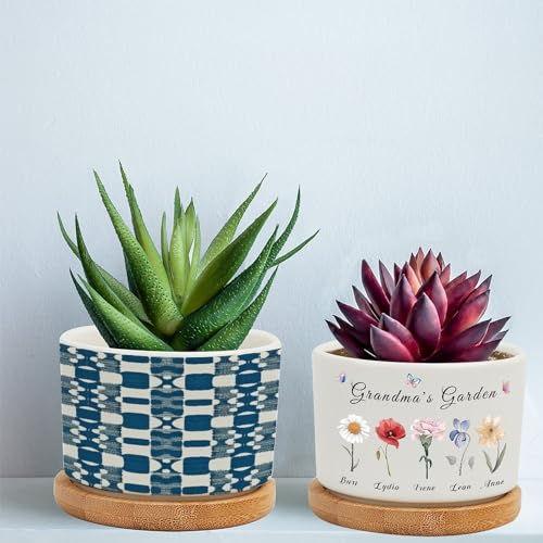 Blue and White Ceramic Planters with Drainage Holes and Saucers R150744