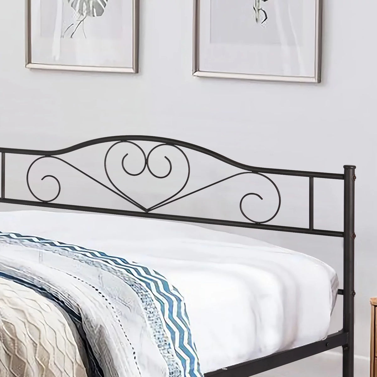 Queen Size Black Metal Platform Bed Frame with Headboard J277024