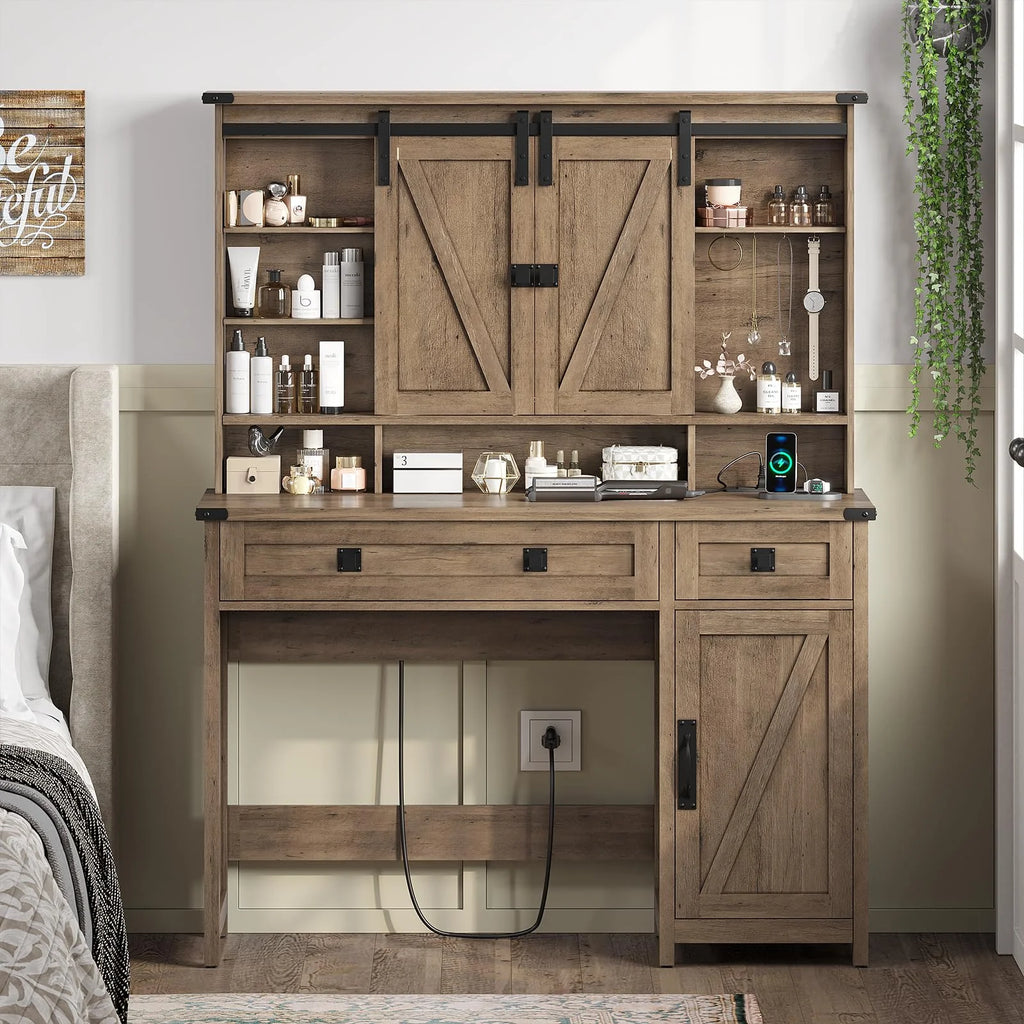 Brown Vanity Table with Charging Station and Lights Mirror V975