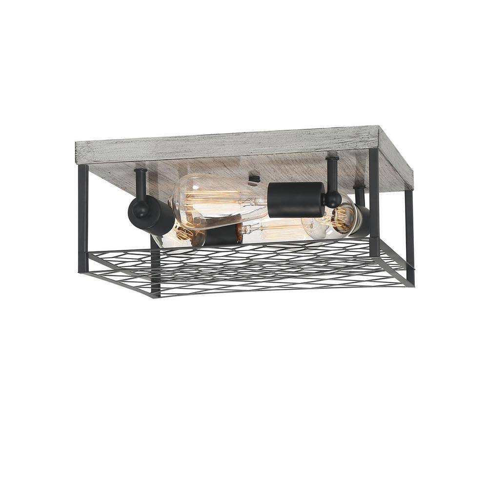 4-Light Faux Wood Black Metal Cage Flush Mount D357511