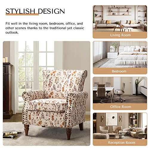 Blue Floral Pattern Upholstered Accent Chair with Wood Legs O211
