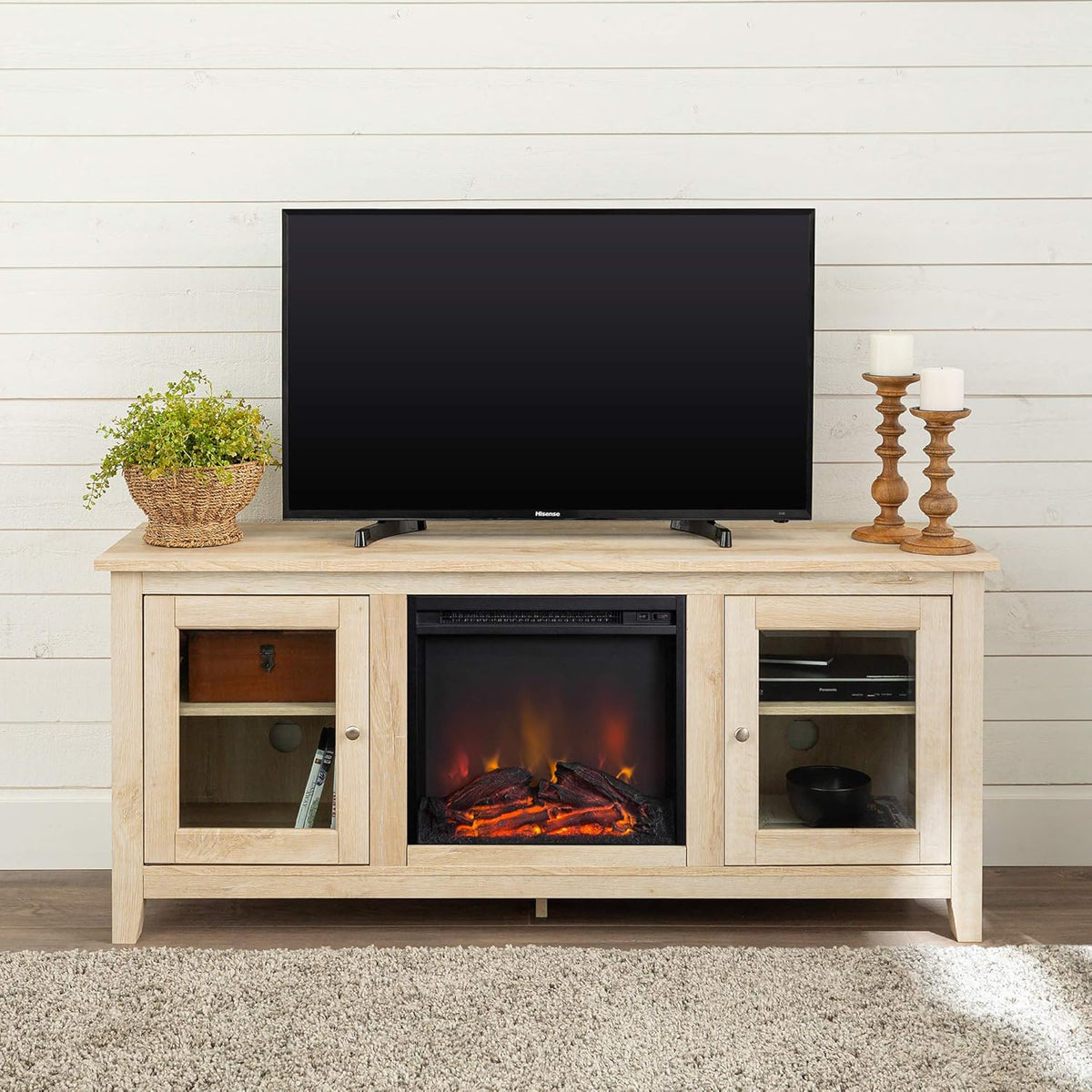 Black 58 Inch Wood and Glass Fireplace TV Stand O93260