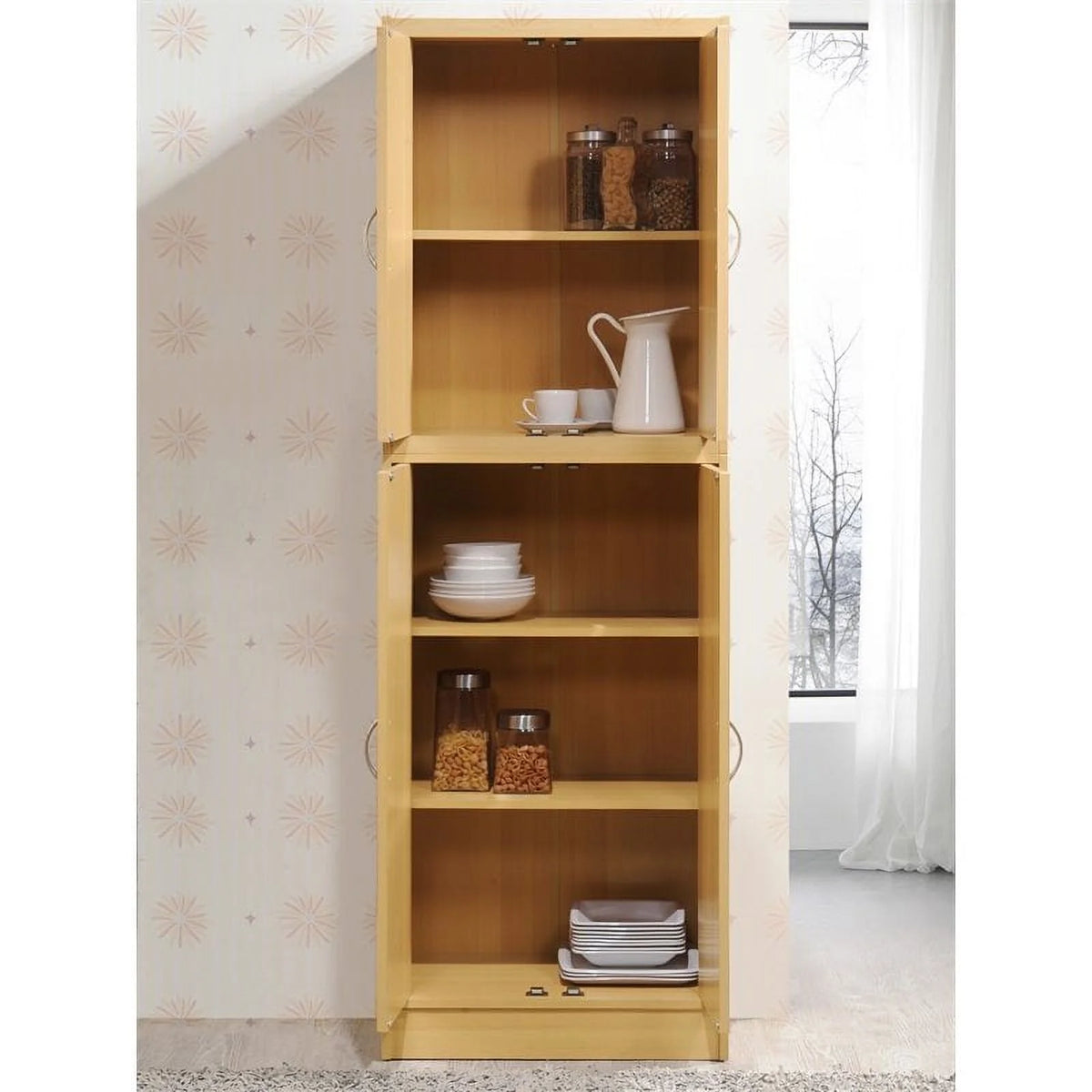 4 Door Kitchen Pantry with 4 Shelves in Beech W53941