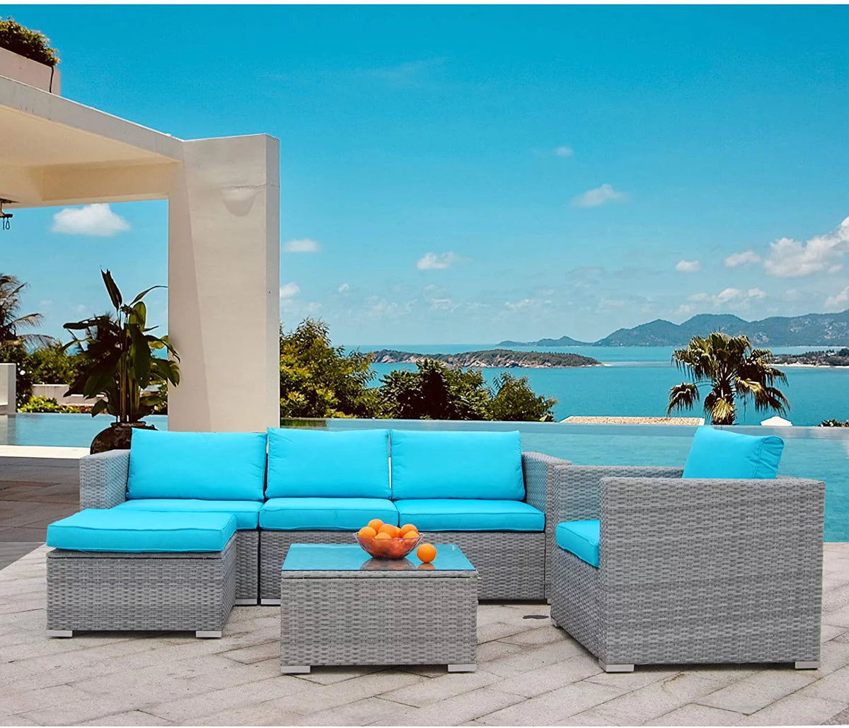 6 Pieces PE Rattan Wicker Outdoor Sofa Conversation Set with Cushions R7281