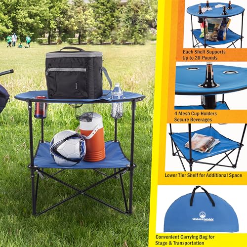 Round 2-Tier Folding Camp Table with 4 Cupholders and Carrying Bag M79204