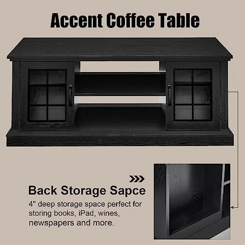 Farmhouse Coffee Table with Glass Door 47" Rustic 2 Shelves Black H468131