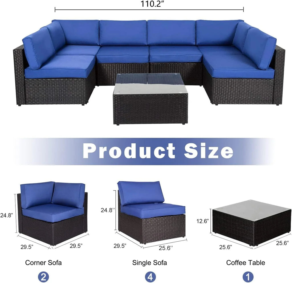 7 Pc Pe Rattan Wicker Sofa Sectional Set with Dark Blue Cushions E3646