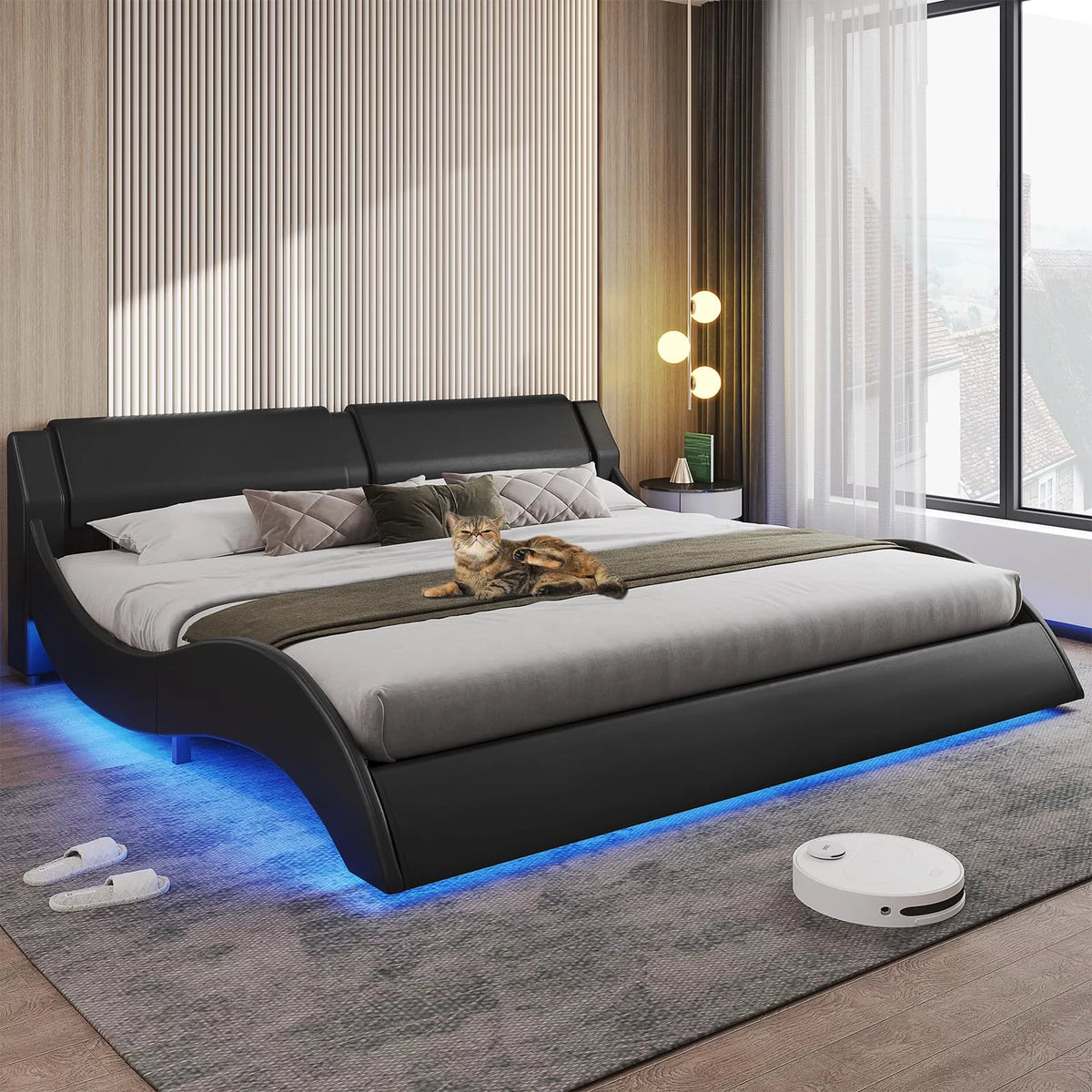 King Size Faux Leather Platform Bed Frame with Headboard and LED Lights G888893