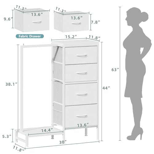 White 4 Drawer Dresser with Hanging Rack J94514