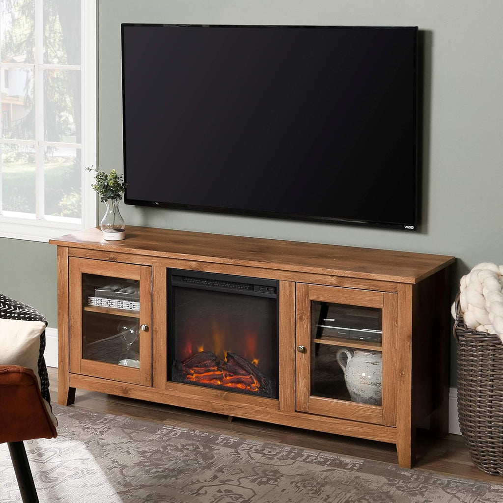 Black 58 Inch Wood and Glass Fireplace TV Stand O93260